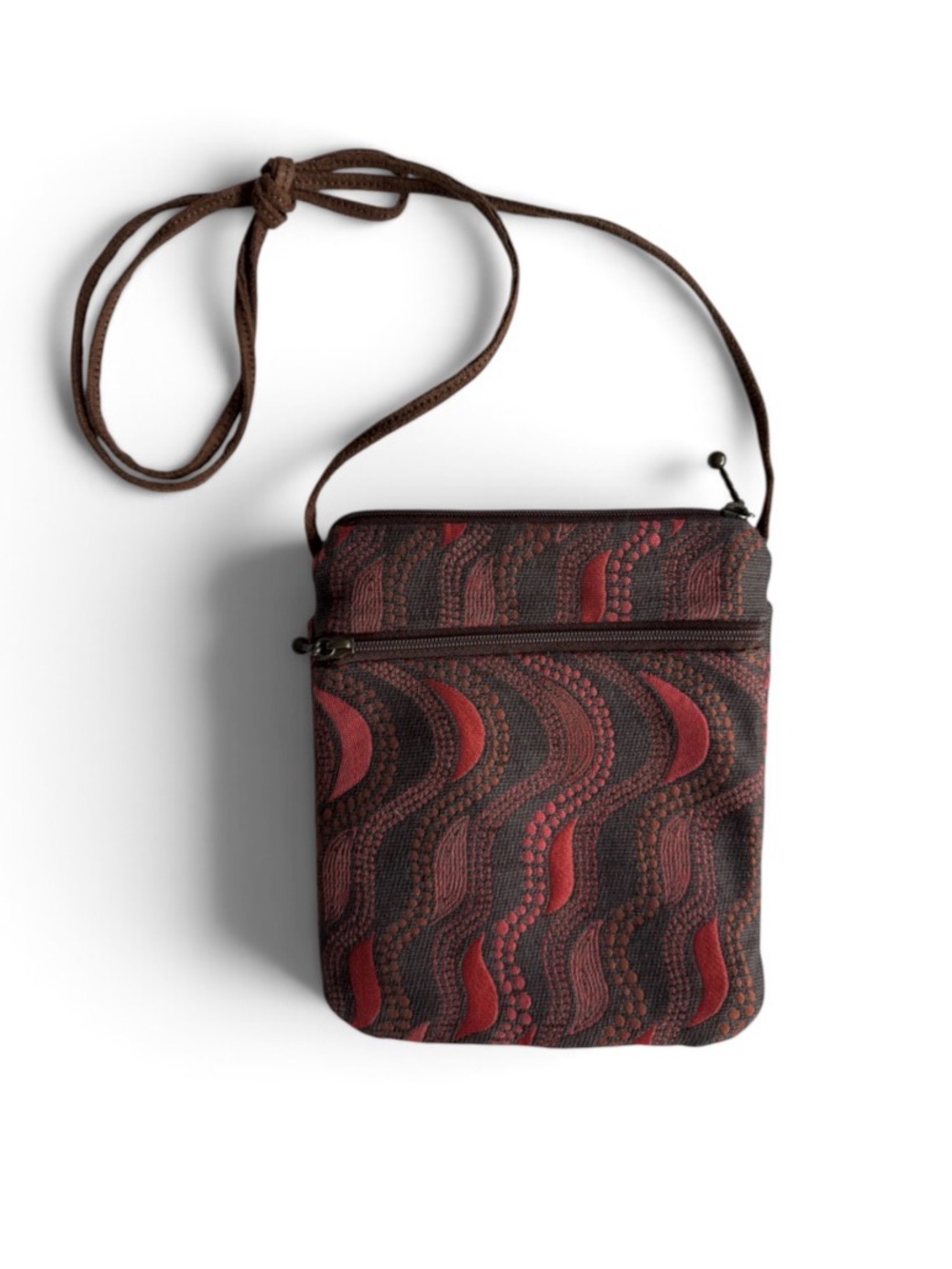 Maruca Sparrow Crossbody Bag Purse Made In Boulder, CO Red Black Swirl Pockets